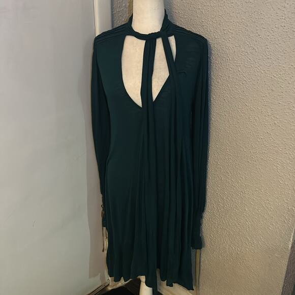 Free People Bridgette Tunic Mini Dress Long Sleeve XS Neck Tie Teal Balletcore - Picture 5 of 10